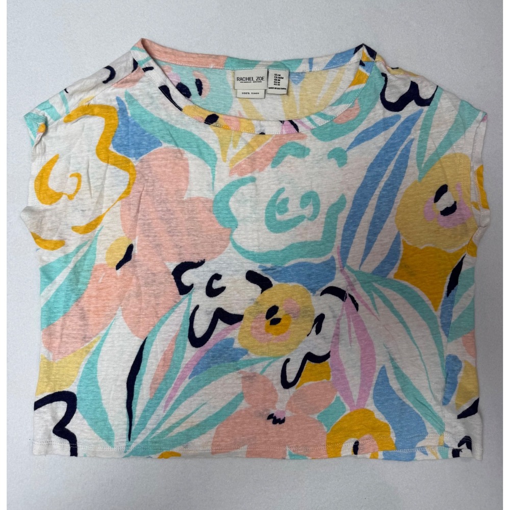 Rachel Zoe Womens Medium 100% Linen Abstract Floral Short Sleeve Boxy Top White